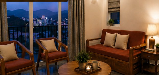 living area warm interiors The Oak Villa Dehradun private homestay